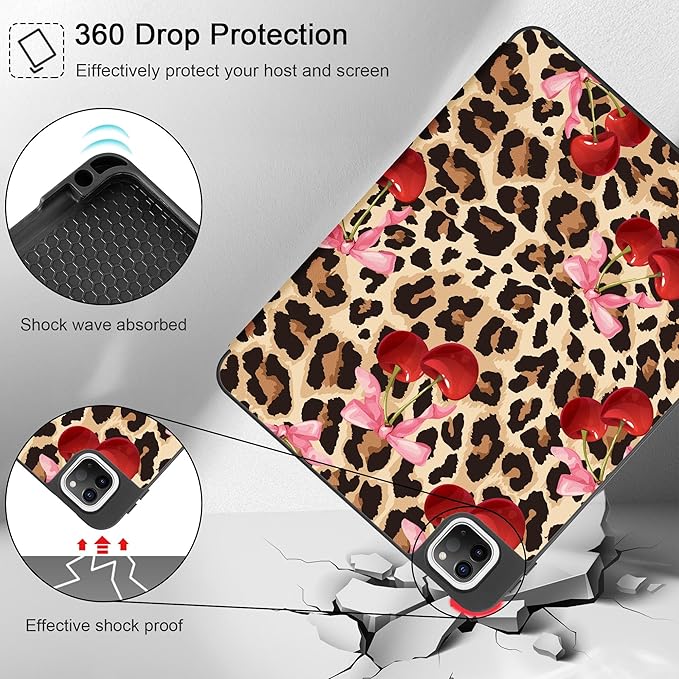 May Chen Case for iPad Pro 11 inch (4th, 3rd, 2nd & 1st Gen) 2022 2021 2020 2018, Trifold Stand + Pencil Holder + Auto Wake/Sleep + Soft TPU Protective Stand Back Cover, Cherry & Cheetah