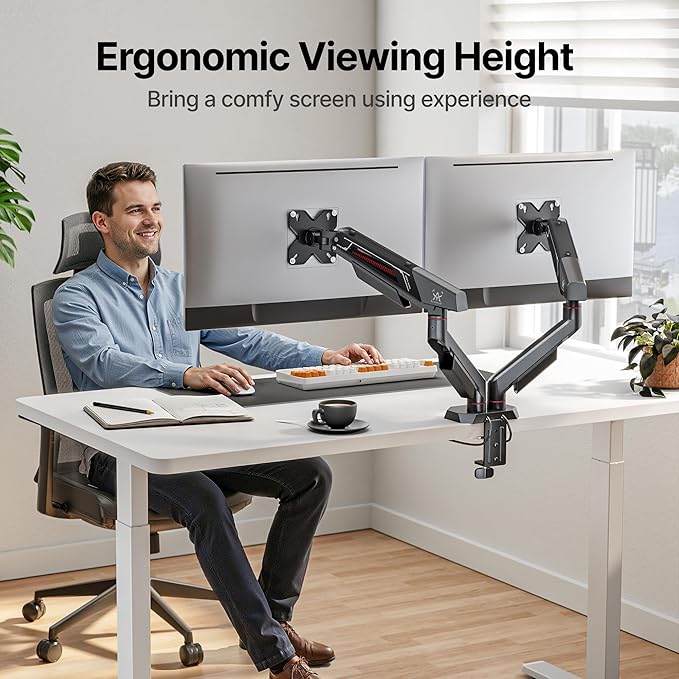 ARES WING Heavy Duty Dual Monitor Arm, Fully Adjustable Monitor Mount for 17-35 Inch Flat Curved Ultrawide Screens Up to 26.5lbs with USB A/C, C-Clamp & Grommet Base, 75/100 Vesa Mount, Black