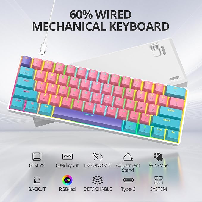 Protable 60% Percent Gaming Keyboard Mechanical, Mini Compact RGB Backlit 61 Keys Wired Office Keyboard with red Switch for Mac/Win (Zhi/red Switch)