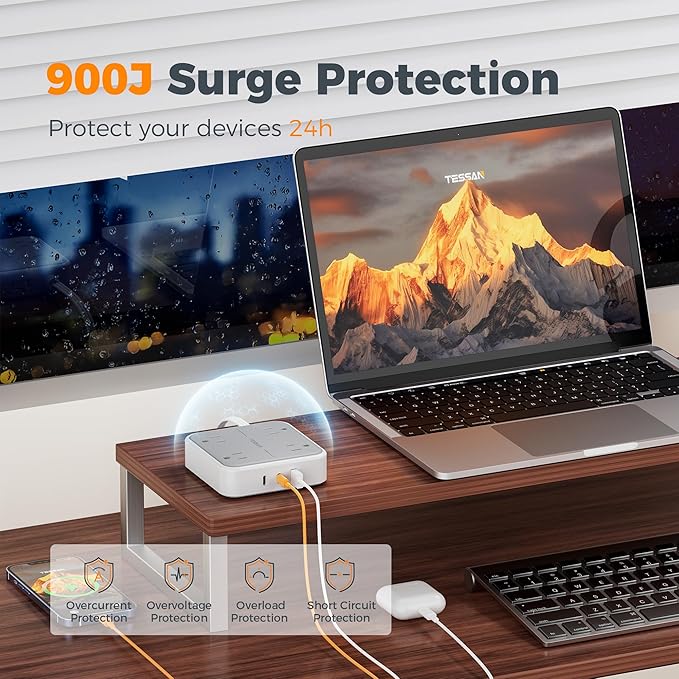 TESSAN Surge Protector Flat Extension Cord 5Ft, Flat Plug Power Strip with 4 Outlets 3 USB Ports (2 USB C), 900 Joules Protection, Multiple Wall Outlet Extender Suitable for Home Office Dorm, Grey