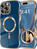 GVIEWIN for iPhone 16 Pro Max Case Compatible with MagSafe, Upgraded [Full Camera Protection][Cute Wave Frame][Military Grade Protection] Electroplated Soft Phone Cover for Women Girl, Blue