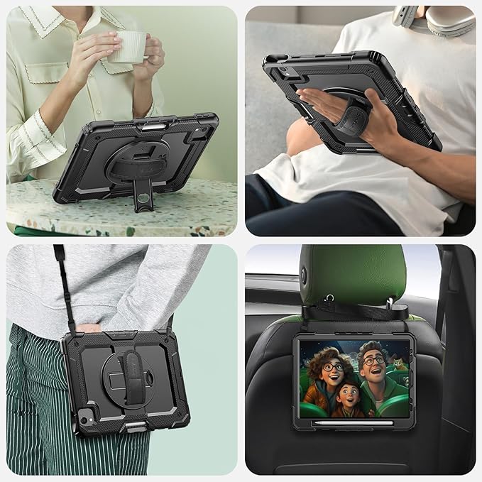 SEYMAC Case for iPad Air 5th/ 4th Generation 10.9 Inch, Full-Body Shockproof Protective Case with Screen Protector, Rotating Stand/Handle/Shoulder Strap/Pencil Holder for iPad Air 5/ Air 4, Black