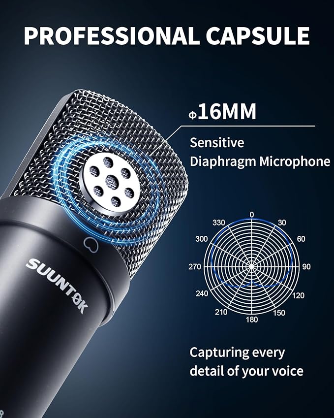 SUUNTOK XLR Condenser Microphone Recording Microphone for PC Computer Home Studio Cardioid Podcast Mic Kit for Streaming, ASMR, YouTube, Voice-Over, Gaming, Vocal (Black)