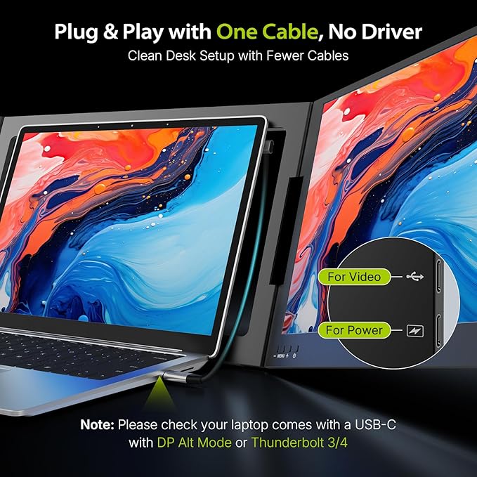 QQH Laptop Screen Extender, 15.6" 1080P Triple Portable Monitor Extender with Ultra-Slim Full HD IPS Display, USB-C Plug and Play Travel Dual Monitor for 12"-16" Laptops (Windows Only)