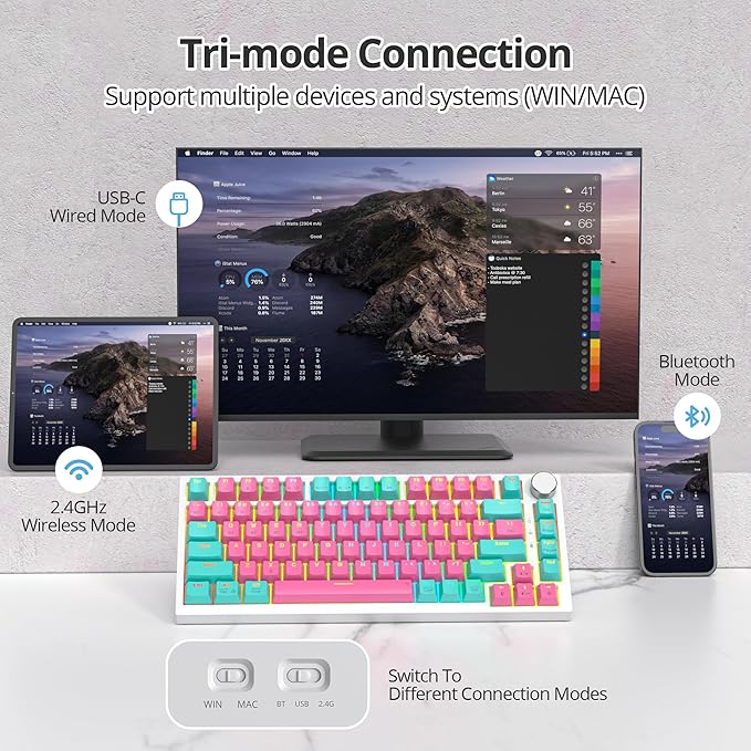 400PRO 75% Wireless Creamy Mechanical Keyboard Pink, Gasket Hot Swappable RGB Gaming Keyboard, Bluetooth/2.4GHz/USB-C Cute Keyboard with Pre-lubed Cream Grey Switches (82 Pink Cyan) ﻿