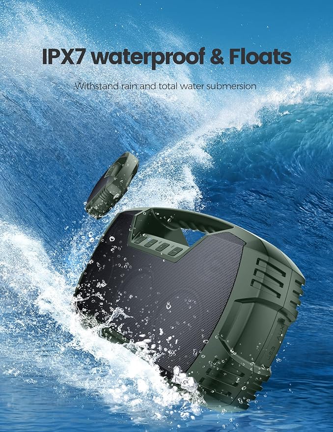 IPX7 Waterproof Outdoor Bluetooth Speaker, Wireless, 90W(Peak), 32H Playtime, Floating Design, Deep Bass & Loud Stereo Sound, Portable with Handle, Rugged for Pool, Beach, Kayaking, Hiking, Green