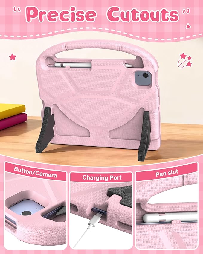 Kids Case for iPad A16 11th Gen 11-Inch 2025 & iPad 10th Generation (10.9" 2022), Durable Shockproof Fully-Body Cover with Screen Protector/Pencil Holder/Stand/Handle for Kids, Light Pink