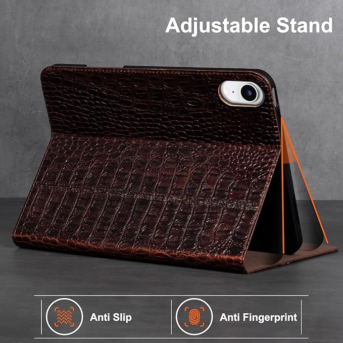 Gexmil Leather Case for iPad mini 7 (A17 Pro) 2024 / iPad mini 6 Generation 2021 8.3 Inch,Premium Cowhide Cover with Pencil Holder,Adjustable Stand, Auto Wake/Sleep,Brown Crocodile