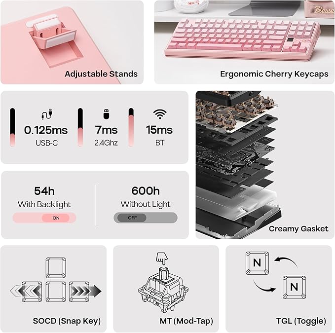 MechLands Aula F87 PRO V2 Wireless Gaming Keyboard with 10000mAh Battery, 8K Polling, SOCD/MT/TGL, BT/2.4GHz/Wired, Hot Swap TKL Mechanical Keyboard with Creamy Gasket, RGB Backlit (Pink Gradient)