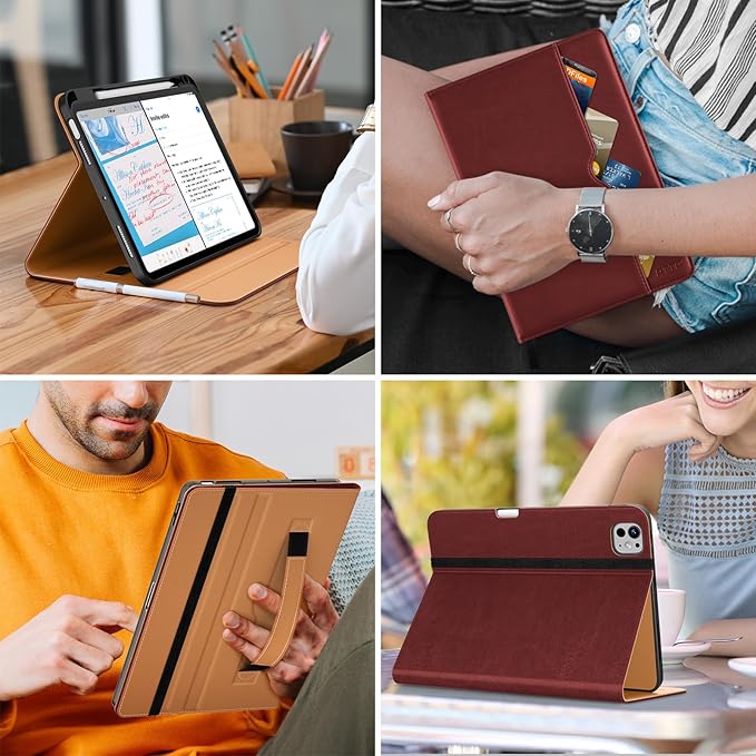 DTTO for iPad Pro 11 inch Case (M5/M4) 2025/2024, Premium Leather Business Folio Stand Cover with Pencil Holder - Auto Wake/Sleep and Multiple Viewing Angles, Burgundy Red