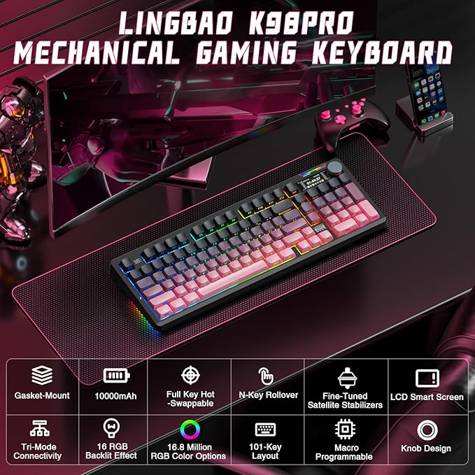LINGBAO K98 PRO Mechanical Keyboard Wireless, with Screen & Knob,RGB Gaming Keyboard, Tri-Mode BT5.0/2.4GHz/USB-C, Gasket Mount Hot-Swappable Linear Switches Gamer Keyboards for PC/Mac/Linux/Android