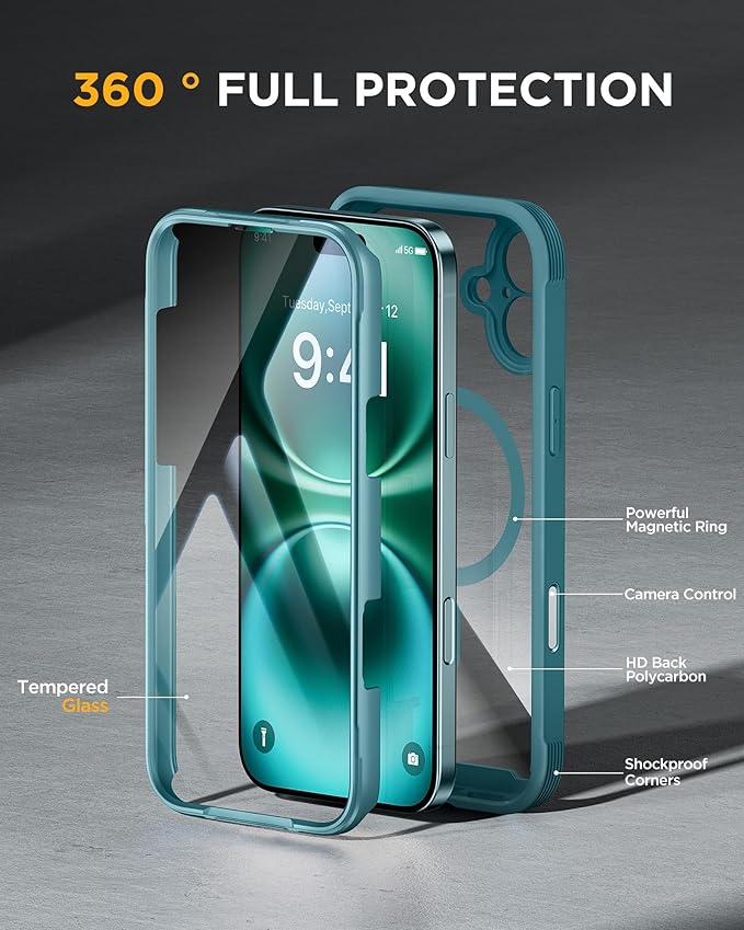 Miracase for iPhone 16 Case 6.1'', [Bubble Free] Full-Body Bumper Phone case with Built-in Full Glass Screen &Lens Protector,No Gap,Compatible with MagSafe,Drop Proof 16 Cover,Green