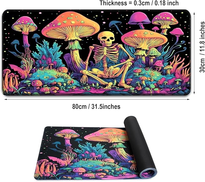 Simpkeely Large Gaming Mouse Pad XL - Blacklight Skull Mushroom Desk Mat, 31.5 x 11.8 Inch Extended Waterproof Keyboard Mousepad with Non-Slip Rubber Base for Gamers & Office Work