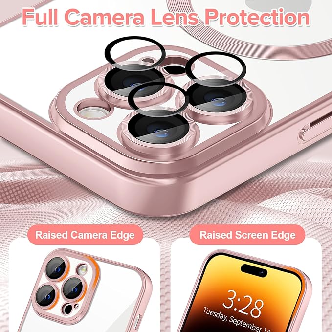 Hython Magnetic Clear for iPhone 14 Pro Case with Camera Lens Protector [Compatible with MagSafe] Luxury Plating Edge Slim Soft TPU Cover Protective Phone Case for iPhone 14 Pro 6.1", Matte Pink