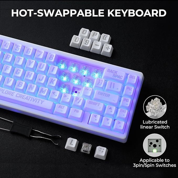 HITIME XVX M67 Wireless 60% Percent Keyboard, QMK/VIA Topographic Gaming Keyboard, Tri-Mode Thocky Creamy Mechanical Key Board, Hot Swappable Gasket Mount RGB IMD Tech for Win/Mac, Miami Theme, White
