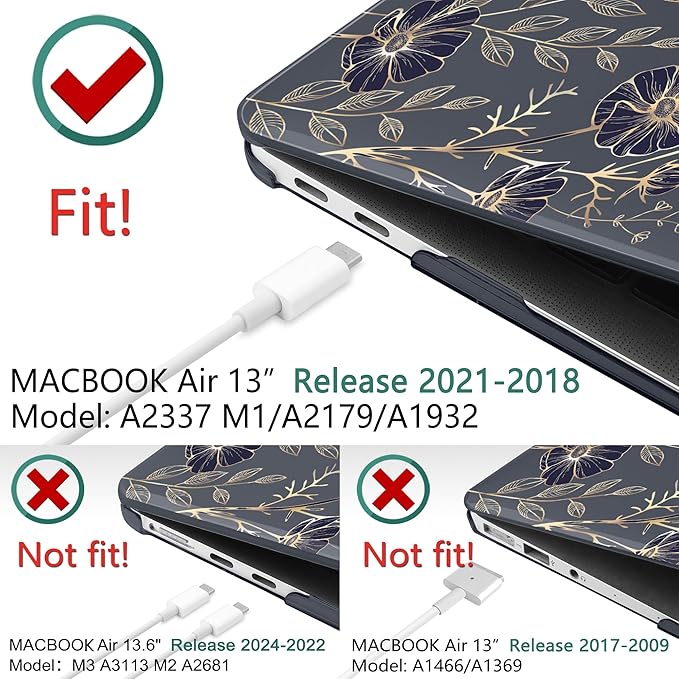 TWOLSKOO for MacBook Air 13.3 inch Case 2021 2020 2019 2018 Release M1 A2337 A2179 A1932 with Touch ID, Plastic Hard Shell Case & Keyboard Cover & Type C Adapter, Golden Flowers