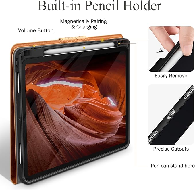 auaua Case for iPad Pro 13 Inch (M5/M4) 2025/2024, PU Leather Case with Pencil Holder, Supports Pencil Pro and Pencil(USB-C), Adjustable Angles, Auto Sleep/Wake (Brown)