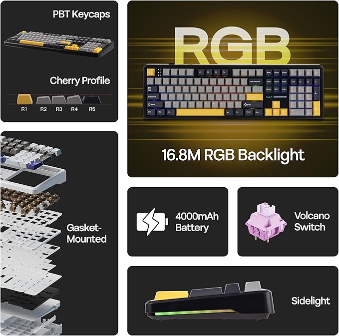 MechLands Aula F108 100% Wireless Gaming Keyboard, Full Size Custom Gasket Mechanical Keyboard, 4000mAh Battery, Programmable 108 Keys, Hot-Swappable, for Win/Mac (Grey&Yellow)