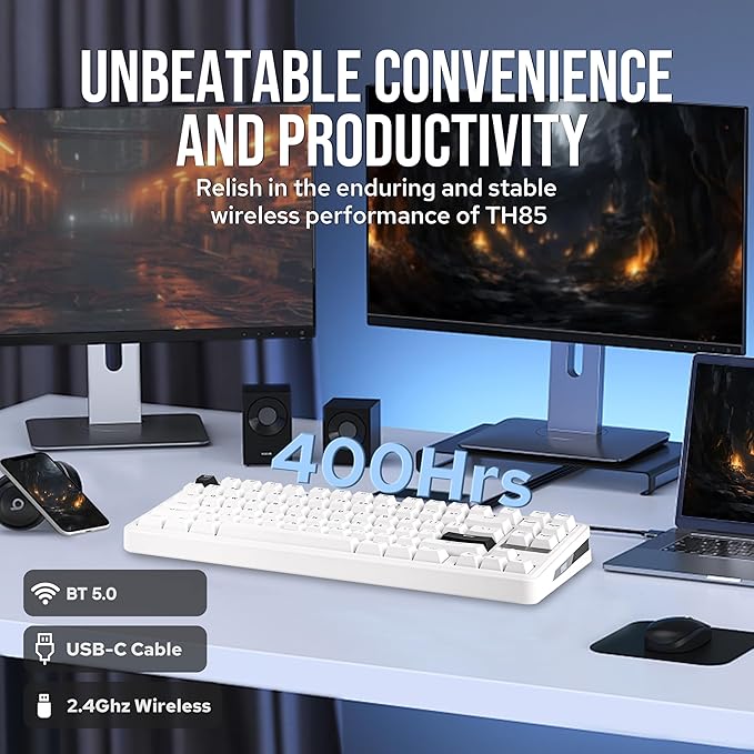 EPOMAKER TH85 QMK/VIA Wireless Gaming Keyboard, BT5.0/2.4GHz/USB-C, Hot Swappable Pre-lubed Custom Milk Blue Tactile Switches, Gasket Creamy Keyboard for PC/Mac/Office/Gaming (White)