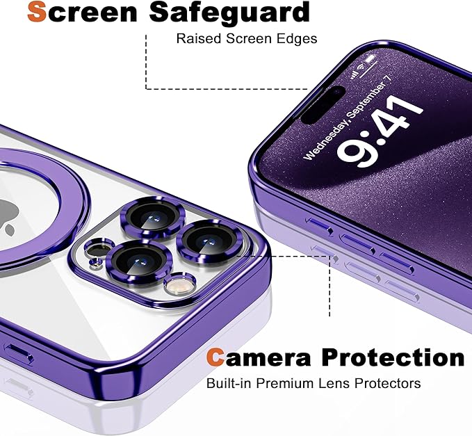 Compatible with iPhone 15 Pro Max Case with Magnetic Ring Stand [Compatible with Mag-Safe] [Full Camera Lens Protector] Plating Clear Phone Case for iPhone 15 Pro Max 6.7", Purple