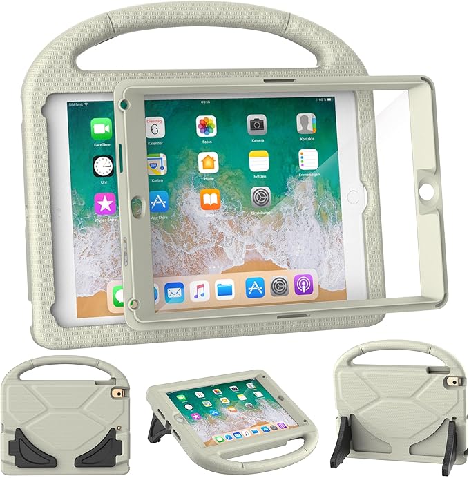 Kids Case for iPad 5th/6th Generation (9.7-inch, 2017/2018), iPad Air 2/Pro 9.7 Case with Screen Protector, Durable Shockproof Lightweight Cover with Handle/Stand for Kids, Light Gray