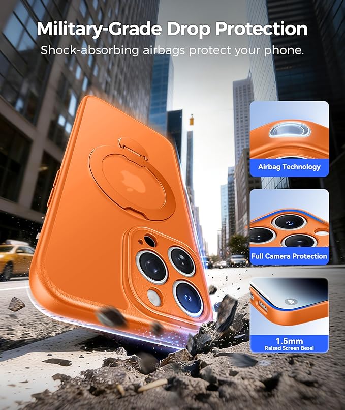 FNTCASE for iPhone 14 Pro Case: [360 Spin Magnetic Stand] [Compatible with Magsafe] [Screen Protector] Translucent Matte Military Grade Shockproof Full Camera Protective Phone Cover - Orange