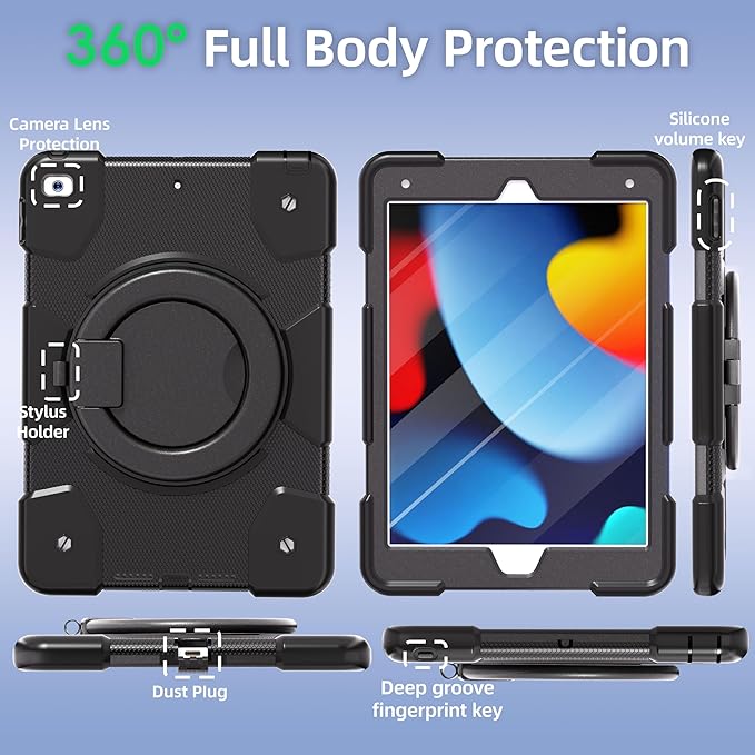 Andnary Case for iPad 9th/8th/7th Generation 10.2 inch, Shockproof Cover with Screen Protector/360° Rotate Stand/Pencil Holder/Shoulder Strap, Kids Case for iPad 2021/2020/2019 (Black)