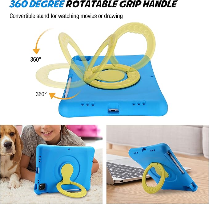ProCase Kids Case for iPad Air 10.9" 5th Gen 2022/4th Gen 2020/iPad Pro 11 2020/2018, Shockproof Rotate Handle Fold Stand Lightweight Kids Friendly Case –Blue