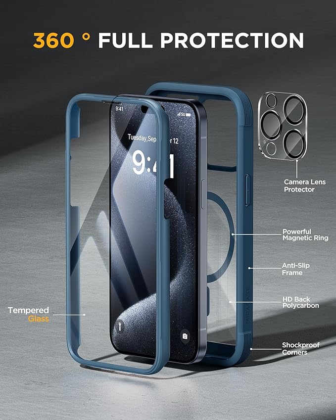 Miracase Magnetic for iPhone 15 Pro Case [Compatible with MagSafe] Full-Body Phone case with Built-in Glass Screen Protector& Camera Protector, Military Drop Proof 15 Pro Cover 6.1 inch, Storm Blue