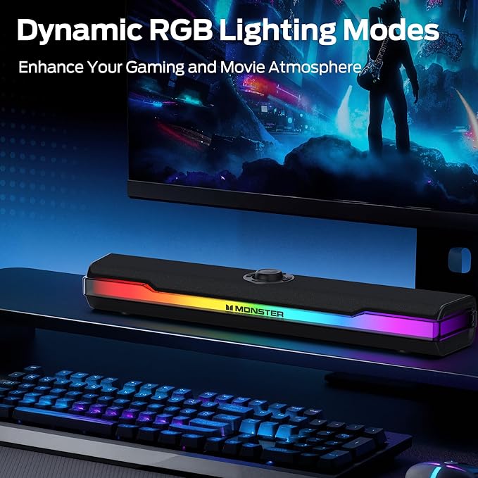 Monster S330 Computer Speakers, HiFi Stereo Sound PC Speakers, Bluetooth 6.0 Computer Sound Bar with Dynamic RGB Light, USB/Type-C Plug & Play, Gaming Speakers for Computer Desktop, PC, Laptop, Tablet