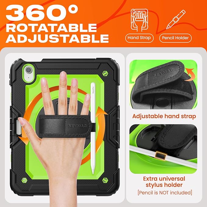 SEYMAC stock Case for iPad Air 11-inch M4-M2 2026-2024 (Gen 8-6), Shockproof Heavy Duty Case with Screen Protector, Pencil Holder, Rotating Stand, Hand Strap, Shoulder Strap, Green