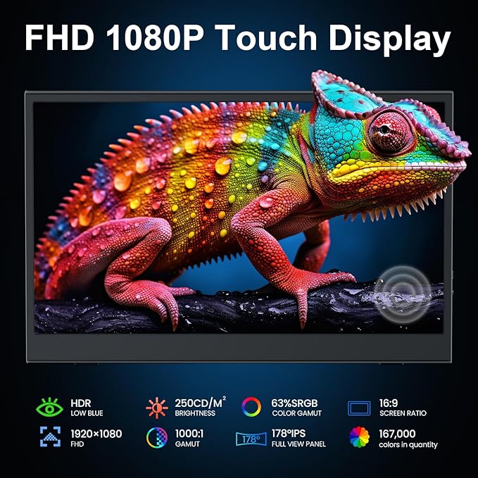 Portable Touch Monitor, 15.6-inch 10-Point Capacitive Touch, FHD 1080P Resolution, IPS Screen, Metal Casing, Compatible with PC/Laptop/Mac/Mobile Devices/PS4/PS5/Xbox/Switch