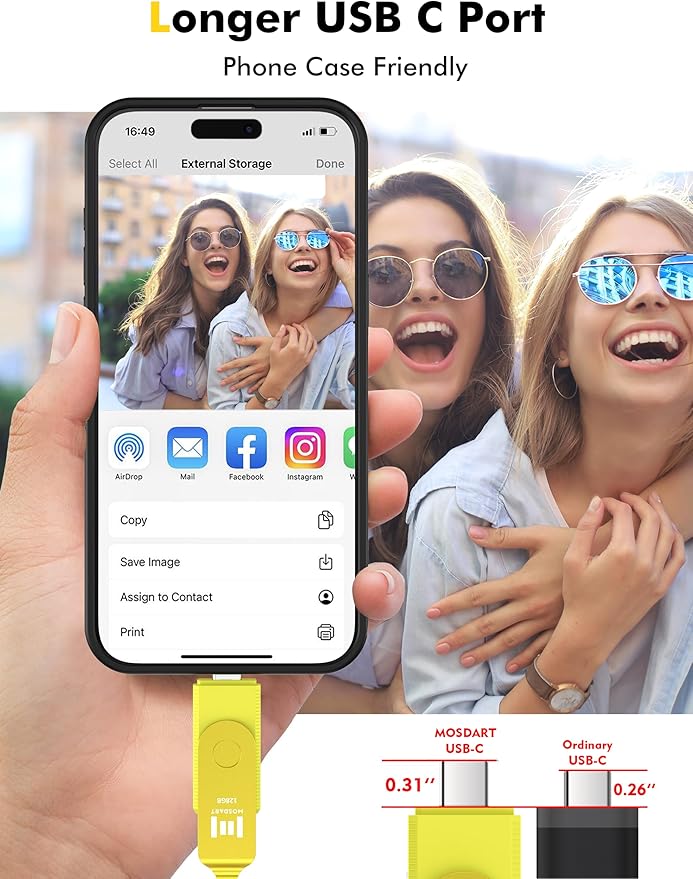 MOSDART 128GB USB C 3.2 Fast Speed C and A Dual Flash Drive, exFAT Memory Stick with Keychain and LED Indicator, for iPhone 15,16, 17, Android Phone, iPad, MacBook, and Other Laptops,Yellow