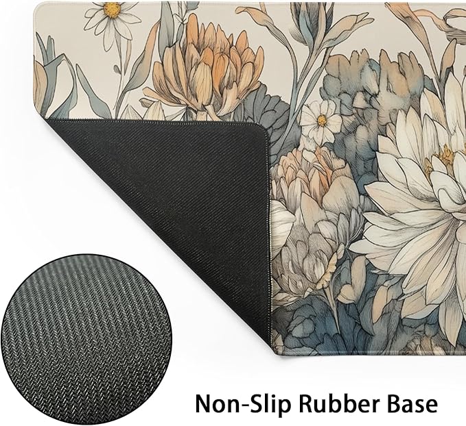Japanese Minimalist Floral Desk Mat Vintage Botanical Flower Mouse Pad Beautiful Flowers Desk Pad 35.4”x15.7” Cute Floral Gaming Mouse Pad with Non-Slip Rubber Base Stitched Edge for Home Office Work