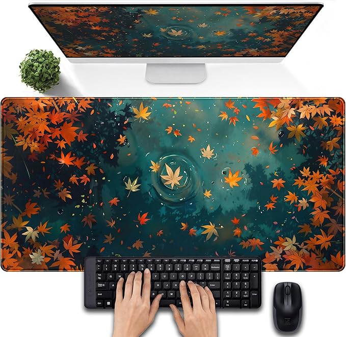 Maple Leaves Desk Mat Gaming Mouse Pad Large, Extended Desk Pad Full Desk Cover Mat, Fall Leaves Laptop Keyboard Pad, Computer Desktop Mat XXL, Aesthetic Fall Desk Accessories 31.5x15.7 Inch