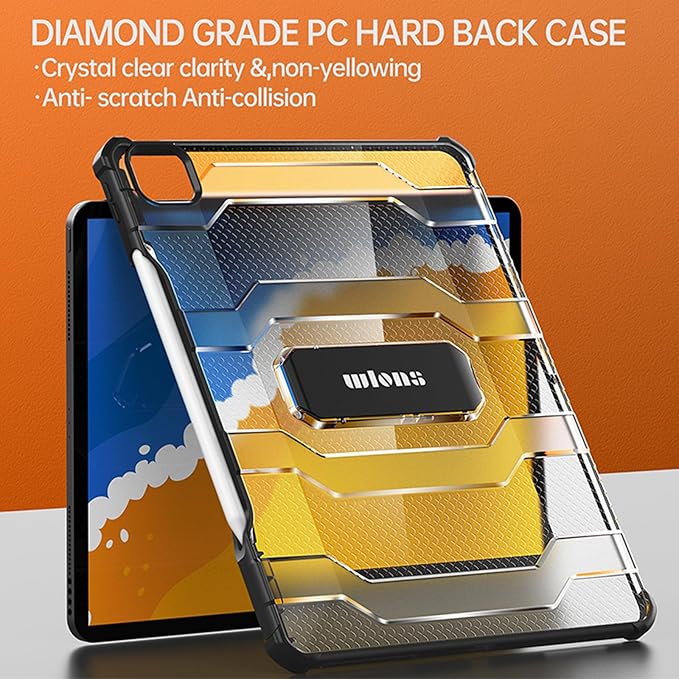 Case for iPad Pro 12.9 inch 6th/5th/4th/3rd Generation (2022/2021/2020/2018) with Pencil Holder/Kickstand Crystal Clear Hard PC Back Shockproof Heavy Duty Protective Rugged Stand Cover, Blue