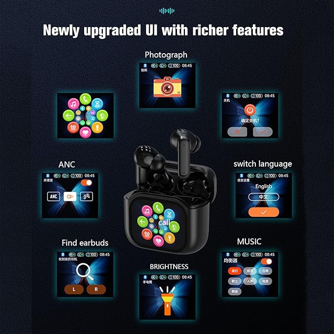 ANC Touchscreen TWS Wireless Bluetooth Earbuds with Active Noise Cancelling, Blue Tooth Ear Buds for iPhone Touch Screen Headphones