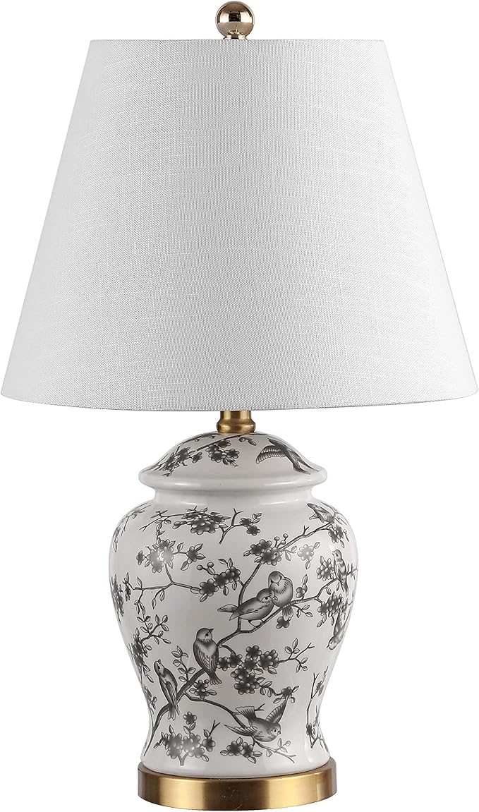 JONATHAN Y 22" Gray/White Ceramic Table Lamp, French Country Chinoiserie Ginger Jar LED Bedside Lamp for Living Room Bedroom, White Linen Shade (JYL3005C)