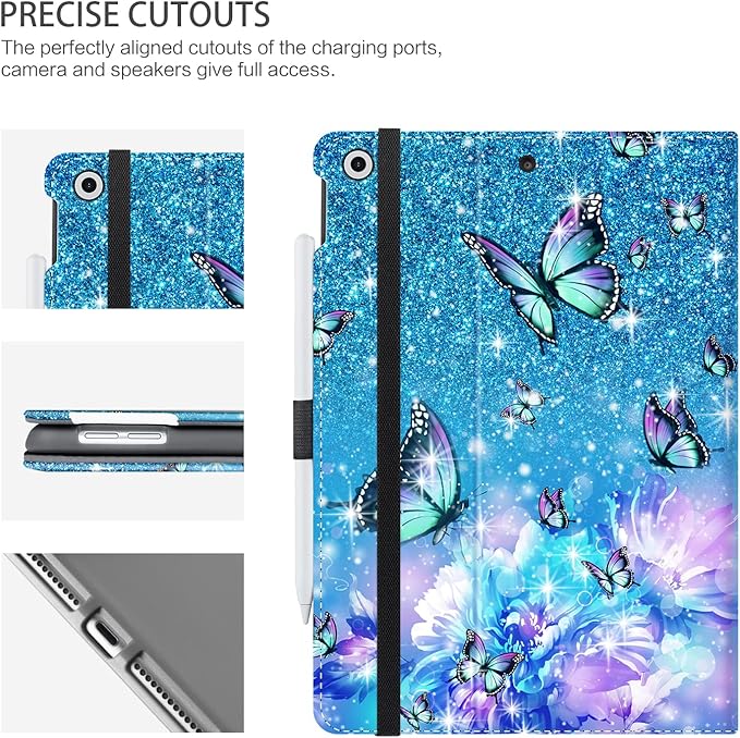 Case for iPad 9th/8th/7th Generation 10.2 Inch 2021/2020/2019 with Pencil Holder for Women Girls Adjust Angle View Case with Pocket/Hand Strap/Auto Wake/Sleep, Flowers Butterfly