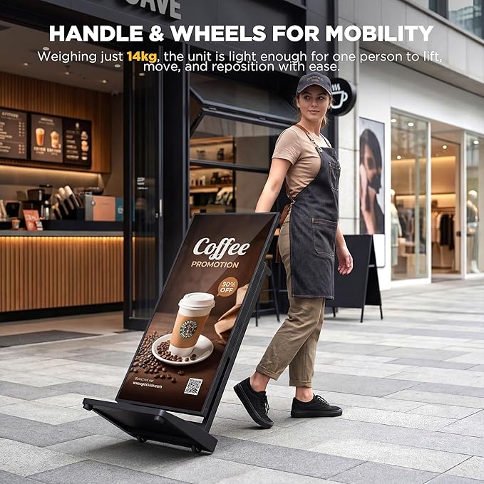 43 Inch Digital Signage Display, 4K 800 Nits UHD Full Screen LCD Advertising Kiosk, Portable Floor Standing Auto AD Player Android14 App-Based Control with USB/HDMI/WiFi