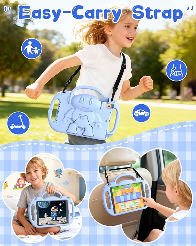 Kids Case for iPad 5th/6th Generation (9.7 inch, 2017/2018) & iPad Air 1/2 9.7" & Pro 9.7, Durable Shockproof Lightweight Kids Cover with Shoulder Strap/Handle/Kickstand, Light Blue