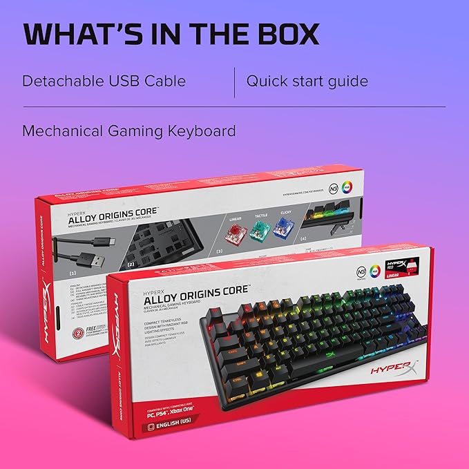 HyperX Alloy Origins Core - Tenkeyless Mechanical Gaming Keyboard, Software Controlled Light & Macro Customization, Compact Form Factor, RGB LED Backlit, Linear HyperX Red Switch,Black