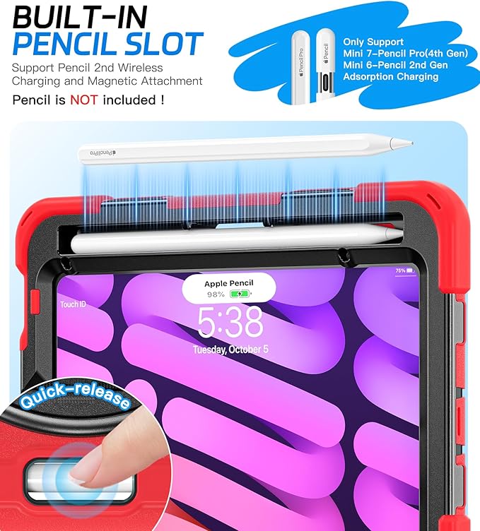 BRAECNstock Case for Apple iPad mini 7 (A17 Pro) 2024/ Mini 6 8.3", Shockproof Protective with Pencil Holder, Screen Protector, Rotating Hand Strap & Stand, Kids Case for iPad mini 7th/6th Gen, Red