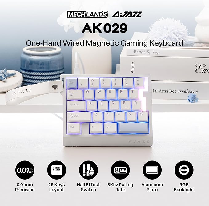 MechLands AJAZZ AK029 One Handed Gaming Keyboard, 8Khz Polling, 29 Keys Rapid Fast Wired Keyboard, SOCD & DKS, Magnetic Switch, Adjustable Actuation, RGB Backlits, Aluminum Plate (White Blue)