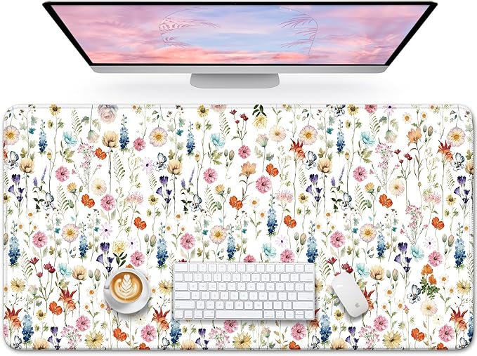 Large Mouse Pad for Desktop, Cute Desk Mat Pad Protector for Work & Gaming, Aesthetic Pretty Anti-Slip Laptop Blotter Cover for Office School Home Supplies, Wildflowers, 31.5" x 11.8"