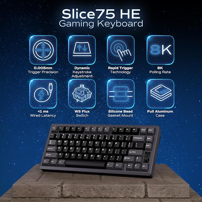 Mechanical Keyboard, Chilkey Slice75 HE Gaming Keyboard Wired, 75% Hall Effect Magnetic Aluminum Keyboard with WS Flux HE Clacky Switch, Rapid Trigger, 8K Polling, Per-Key RGB Custom, PC/Mac Support