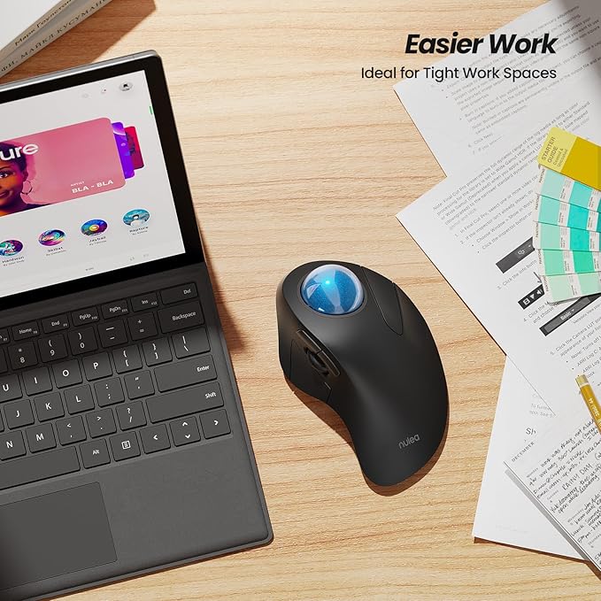 Nulea Wireless Ergonomic Trackball Mouse, Rechargeable, Bluetooth Rollerball Mouse, 44mm Index Finger Trackball, 5 Adjustable DPI, Compatible with PC, Laptop, iPad, Mac, Windows, Android