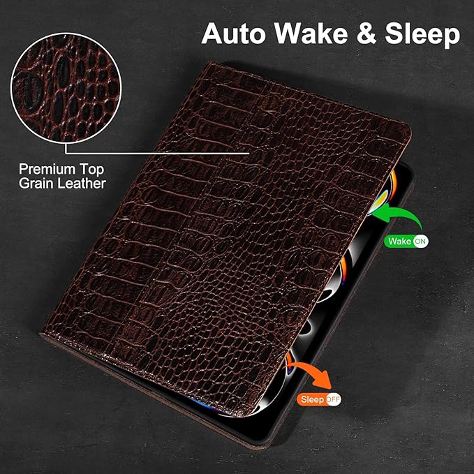 Gexmil Genuine Leather Case for iPad Pro 11 Inch (M5/M4) 2025/2024 with Pencil Holder,Protective Shockproof Leather Smart Folio Cover Adjustable Stand Auto Sleep/Wake Anti-Slip,Brown Crocodile