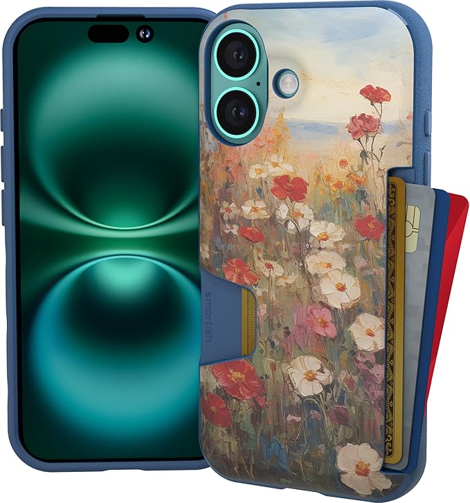 Smartish® iPhone 16 Wallet Case - Wallet Slayer Vol. 1 [Slim + Protective] Credit Card Holder - Drop Tested Hidden Credit Card Slot Cover for Apple iPhone 16 - Wildflower Fields