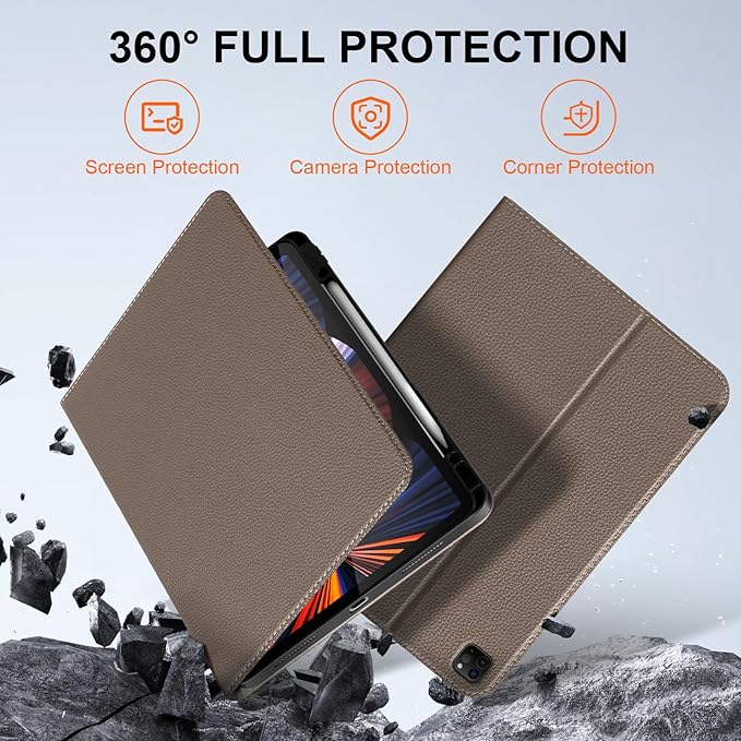 for iPad Pro 12.9 Case (2018-2022) Leather Folio Stand with Pencil Slot, Auto Wake/Sleep, Multi-Angle - Gray Brown
